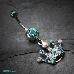 a blue jeweled crown belly button navel bar