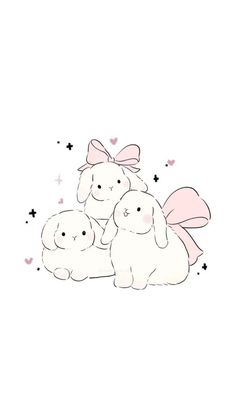 three rabbits with pink bows on their heads sitting next to each other in the shape of hearts