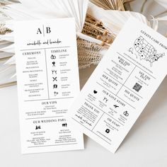 two wedding programs are sitting next to each other