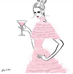 a drawing of a woman in a pink dress holding a martini glass and looking at the camera