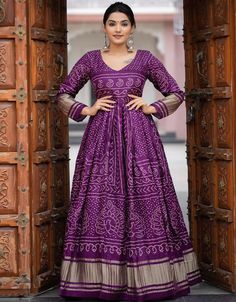 Purple Designer Party Wear Gaji Silk Gown Ready To Wear Gown, Shop Gowns, Bandhej Print, Bandhani Dress, Georgette Gown, Saree Bollywood, Modest Evening Dress, Printed Gowns, Patiala Salwar