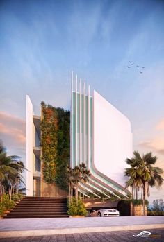 an artistic rendering of a modern building with palm trees on the side and stairs leading up to it