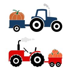 two tractors with pumpkins on the front and back wheels, one is pulling a trailer