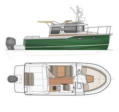 a drawing of a small boat with the floor plan and side view showing it's interior