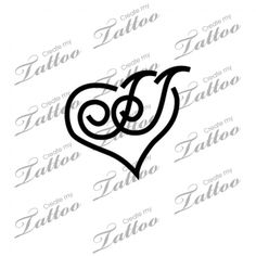 a heart with two initials in the middle and an arrow at the bottom, on a white background