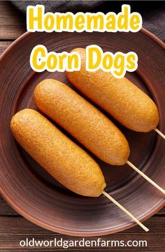 homemade corn dogs on a brown plate with text overlay that reads homemade corn dogs