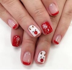 Christmas Press on Nails Short Square Fake Nails Red French Tip Acrylic Nails Cute Elk Snowflake Full Cover False Nails with Designs Press on Nails Winter Xmas Nail Art Decorations for Women Girls #amazon #affiliate Fake Acrylic Nails, Xmas Nail Art, Manicure Tips, French Tip Acrylic Nails, Fake Nails With Glue, Xmas Nails, Stick On Nails