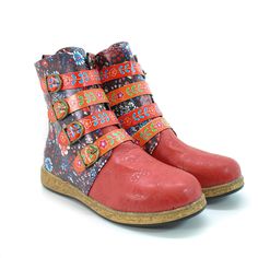 Diva General Red Floral Strap Boot Red Casual Boots For Festival, Casual Red Boots For Festival, Multicolor Bohemian Boots For Festivals, Bohemian Multicolor Boots For Festivals, Red Bohemian Boots For Fall, Multicolor Bohemian Boots For Spring, Bohemian Floral Print Round Toe Boots, Bohemian Round Toe Boots With Floral Print, Bohemian Multicolor Boots For Spring