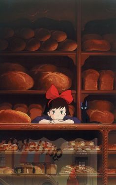 an anime character is sitting behind a bakery counter with breads and pastries in the background