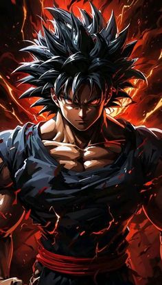 an anime character with black hair and red eyes, standing in front of a blazing background