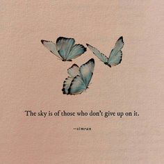 two blue butterflies flying in the air with a quote above them that says, the sky is those who don't give up on it