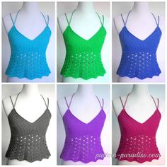 six crocheted tank tops in different colors