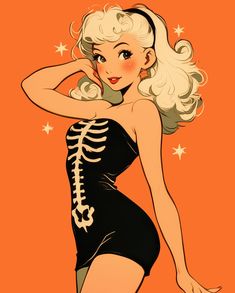 a drawing of a woman in a skeleton dress with her hand on her hip and looking at the camera