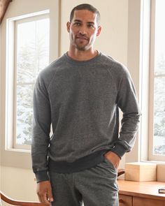 Easygoing style, for lounging or playing. Our version of his favorite sweatshirt is super-comfy in brushed-back French terry, with the tailored touch of coverstitching and an inset double-layer rib detail. Coordinates with our Men's Lounging Joggers.  Exclusive. Crew neckline.  Long raglan sleeves.  Rib-knit trim at the neckline, cuffs, and hem. Over 50 Fitness, Mens Crewneck Sweatshirt, Mens Sleepwear, Garnet Hill, Men's Apparel, Mens Crew Neck, Raglan Sleeve, French Terry, Crew Neckline