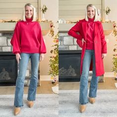 Red sweater outfit with flare jeans! Casual holiday outfit idea!