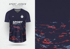 a soccer jersey mock up on a white and blue background with red paint splatters