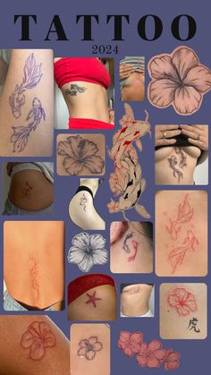 the back of a woman's body with tattoos on her stomach and flowers in different colors