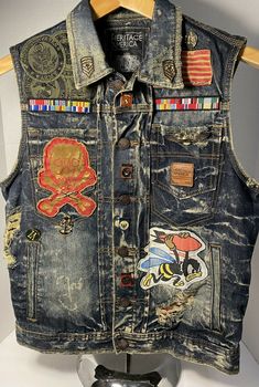 HERITAGE AMERICA Vests.......“ARMY”......... Men’s....... Size M ~ Medium........ Patches........ Denim....... Jean....... Jacket........  U.S. .....USPS Priority Mail $9.95........ Punk Denim Vest, Jean Vest Men, Punk Jean Jacket, Patched Denim Jacket, Patch Denim Jacket, Jean Jacket Diy, Denim Vest Men, Jacket Diy, Jean Jacket Patches