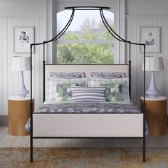 Waterloo canopy bed frame with fabric panels White Themed Bedroom, Guest Room And Office Combo, Guest Room Office Ideas, Guest Room Office Combo, Guest Room Colors, Wrought Iron Bed Frames