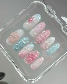 Pink Blue Nail Art, Blue Pink Nails Design, Pink Blue And White Nails, Blue And Pink Nail Designs, Pink And Blue Nails Design, Nails Pink Blue, Summer Nails Pink, Coquette Nails