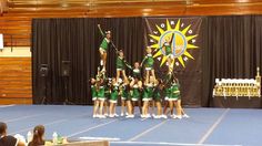 a group of cheerleaders standing on top of a stage