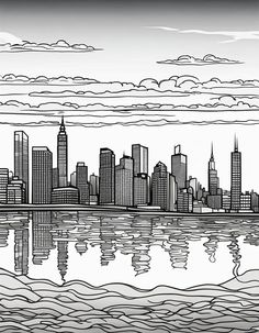 a black and white drawing of a cityscape with the water in front of it