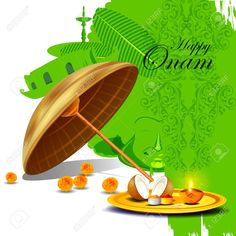 an image of happy onam greeting card with umbrella and oranges in the foreground