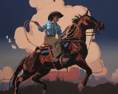 a man riding on the back of a brown horse next to a sky filled with clouds