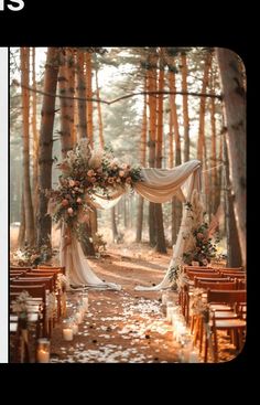 an outdoor wedding ceremony in the woods with flowers and greenery on the altars