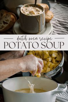 a bowl of potato soup being poured into it