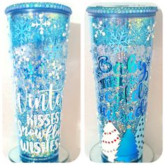 two pictures of the same blue glass with snowflakes on it, one has a frosted cup and the other is decorated