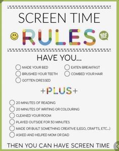 a green and white sign that says, screen time rules have you