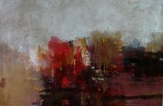 an abstract painting with red, yellow and brown colors on it's surface is shown