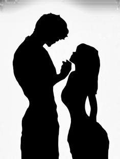 a man and woman standing next to each other in front of a white background with the silhouette of two people