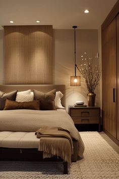 Modern Wooden Bedroom Design, Serene Modern Bedroom, Masculine Couples Bedroom, Neutral And Earthy Bedroom, Neutral Interior Design Bedroom, Earthy Color Interior Design, Contemporary Bedroom Ideas Master Suite, White And Bronze Bedroom, Neutral Bedroom Interior