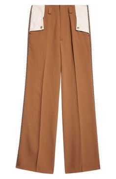 Evoke the spirit of endless summer with these pleated wide-leg trousers inspired by California’s golden coastline. AMIRI reinterprets the character of '50s Americana with details like a Hollywood waistband, contrast panels at the pockets and twisted-cord trim. Zip fly with hook-and-bar closure Front slant pockets; back flap pockets 100% viscose Dry clean Made in Italy Designer Clothing Luxury Vintage Pants With Pockets, Luxury High-waisted Wide Leg Pants With Patch Pockets, Luxury Pinstripe Pants With Belt Loops, Luxury Brown Pants With Welt Pockets, 50s Americana, Amiri Trousers, Fabric Gift Bags, Nordstrom Store, Endless Summer