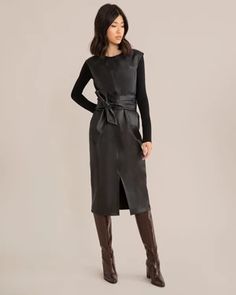 Pilar Vegan Leather Tie-Front Dress  |  Modern Citizen Chic Leather Workwear Dress, Modern Evening Midi Dress For Fall, Sleek Leather Workwear Dress, Sleek Leather Dresses For Workwear, Sleek Leather Dress For Work, Chic Leather Midi Dress For Workwear, Modern Fall Workwear Dresses, Elegant Leather Midi Dress For Fall, Sleek Sheath Dress For Fall