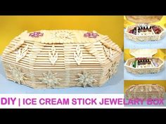 the diy ice cream stick jewelry box is made out of wicker and decorated with flowers