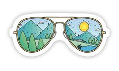 a pair of sunglasses with mountains and trees on them