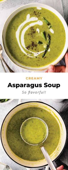 creamy asparagus soup in a white bowl