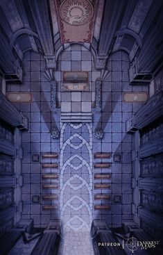 an aerial view of a hallway with stairs and a clock on the wall above it