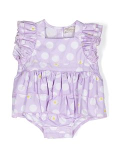 purple cotton polka dot print ruffled detailing square neck press-stud fastening sleeveless one-piece design Purple Baby, Printed Cotton Dress, Dress Purple, Polka Dot Print, Girl Clothes, Dot Print, Purple Dress, Cotton Dress, Cotton Dresses