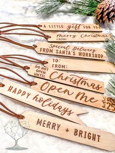 wooden christmas tags with merry and bright written on them, sitting next to pine cones