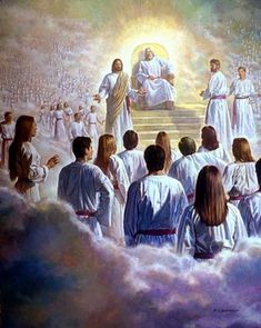 an image of jesus in the clouds with other people around him and his words below