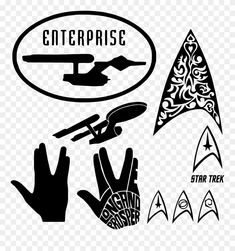 the star trek logo is shown in black and white, as well as other symbols