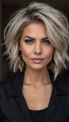 Discover 30 chic short hairstyles that suit every hair type and texture. Perfect for your next salon visit! Short Haircuts Trendy, Low Maintenance Haircut Fine Hair, Short Full Hair, Medium Bobs Haircuts, Short Bob For Oval Face Shape, Blonde Balayage Short Hair Shoulder Length Layered Hairstyles, Short Bob Hairstyles For Thick Hair Choppy Layers Shoulder Length, Edgy Mom Haircut, Woman’s Short Haircut