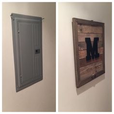 two pictures with the letter m on them and one has a metal door in it