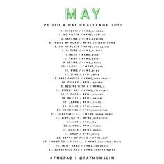 the may photo challenge is shown with green and white letters on it, including numbers