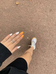 Orange And White Nails Fall, Orange Tip Coffin Acrylic Nails, Simple Orange And White Nails, Orange And White Nails Ideas, White With Orange Nails, Orange Ballerina Nails, White And Orange Nails Acrylic, White Nails With Orange, Nails Yellow And White