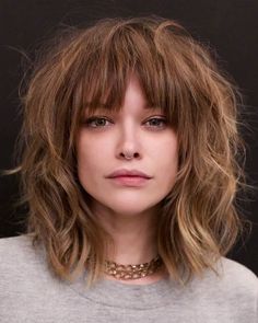 Cute Textured Haircuts, Medium Length Haircut For Thick Hair Bangs, Long Bob With Bangs Big Forehead, Medium Length Haircut With Bangs Fine Hair, Short Choppy Layers Shoulder Length, Medium Layered Hair With Fringe Bangs, Medium Length Layers And Bangs, Shag Hairstyles Over 40 Shaggy Haircuts, Shaggy Bangs Fine Hair